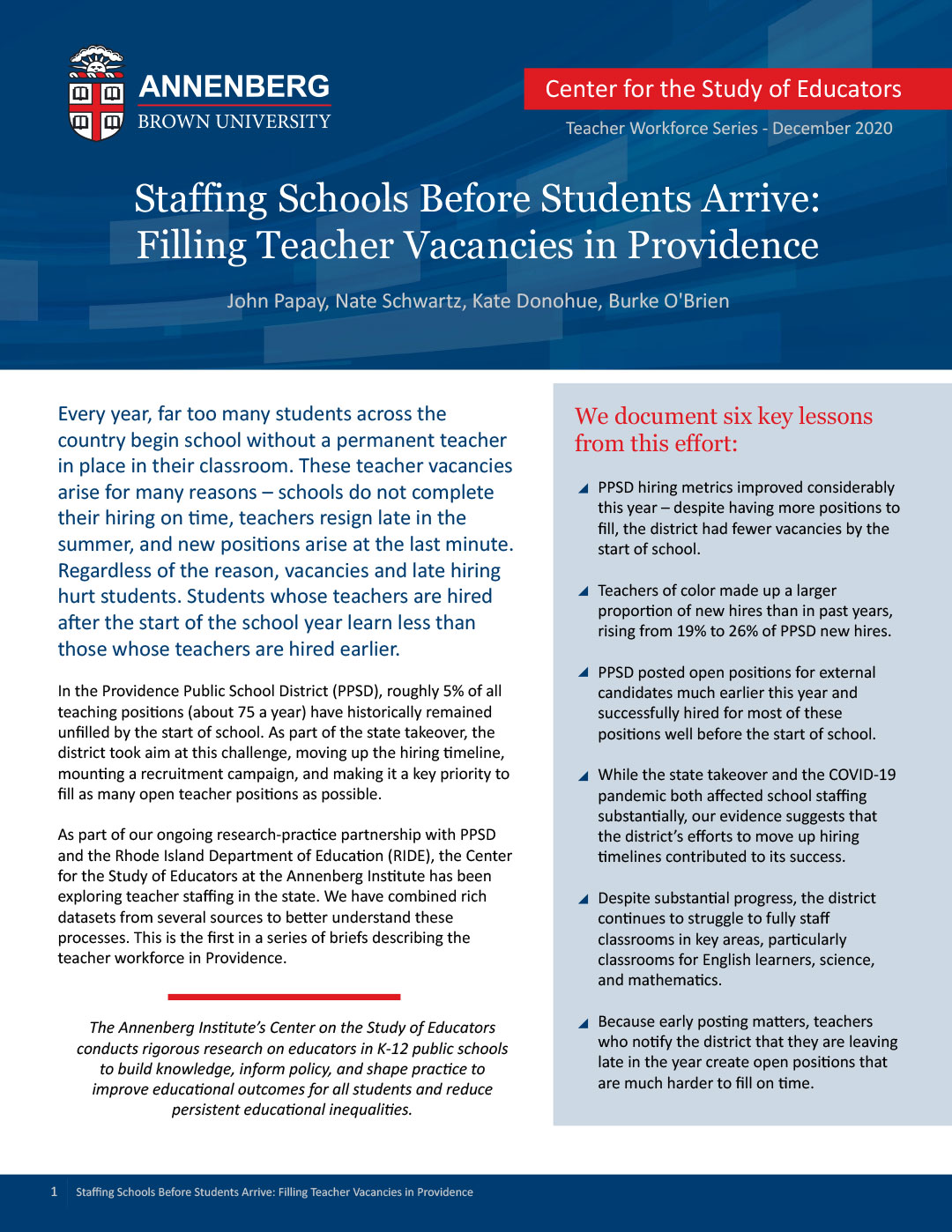 Staffing Schools Before Students Arrive: Filling Teacher Vacancies in Providence